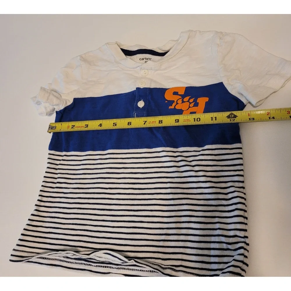 Carters Henley Shirt Toddler 5T Blue White Striped Sam Houston Short Sleeve